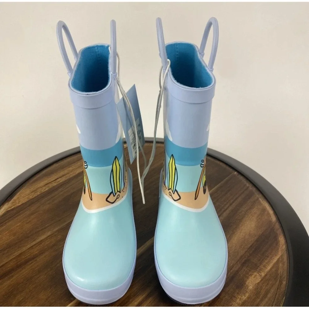 NWT Cat & Jack Evan Rain Boots Kids 12 Blue Beach Surf Scene Waterproof Pull On